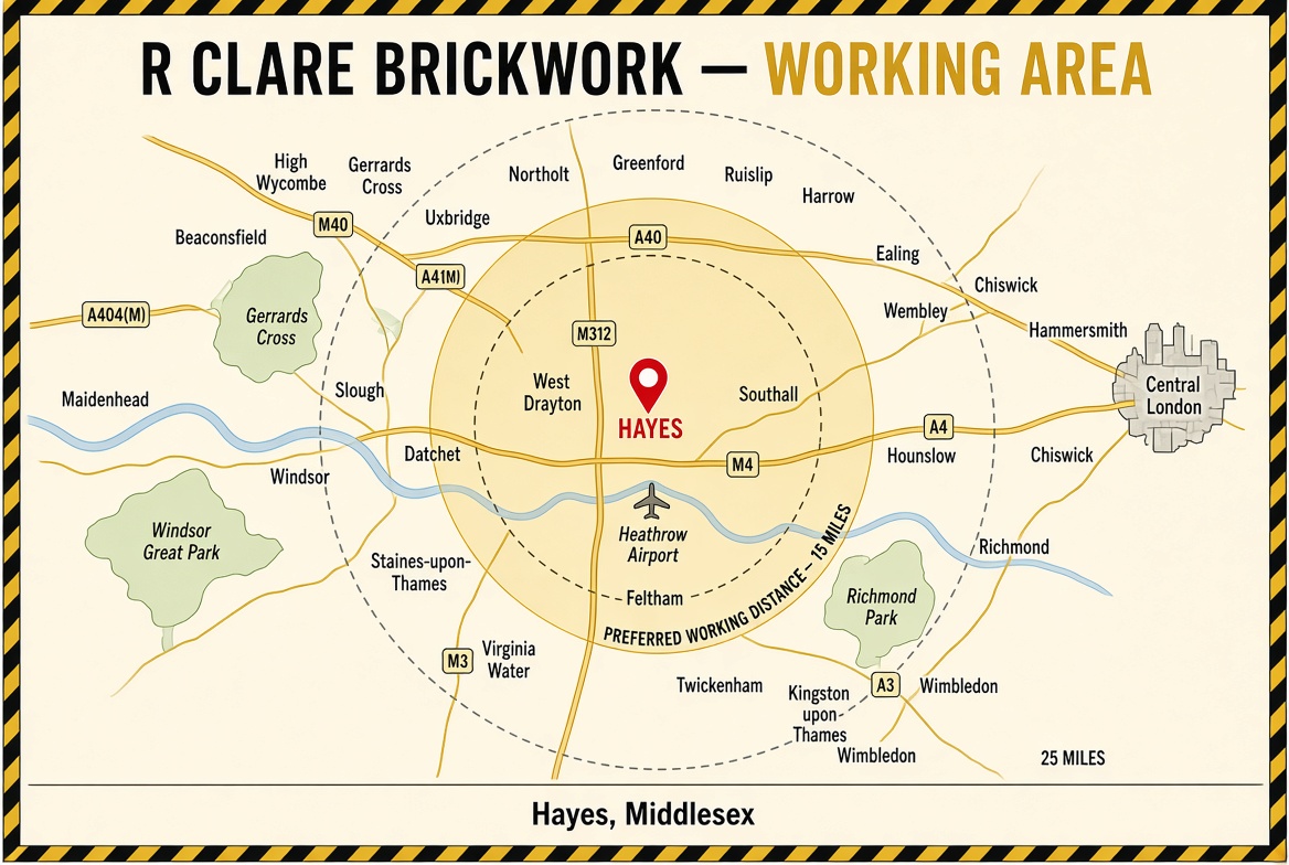 Map showing R Clare Brickwork working area around Hayes, Middlesex