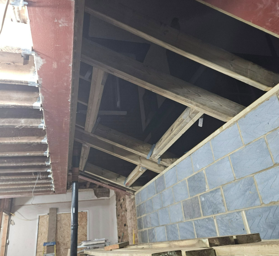 Steel beam and new roof structure opened up for open-plan living